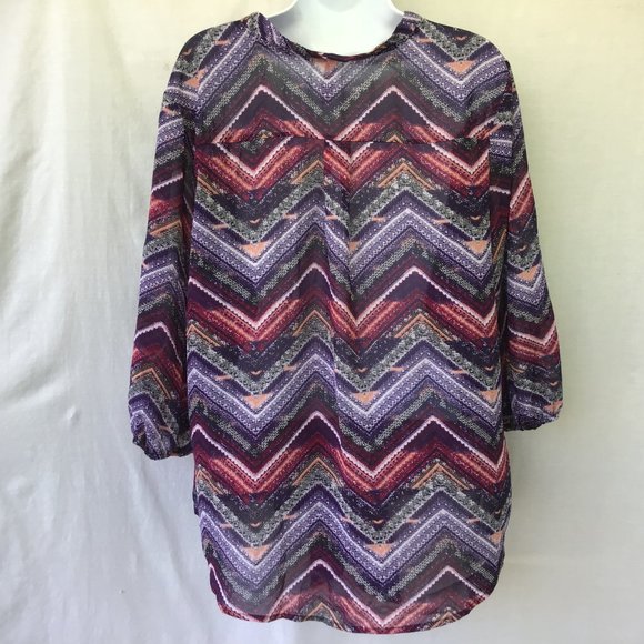Women's Purple Zig Zag 3/4 Sleeve Tie V Neck Tunic - Picture 5 of 7